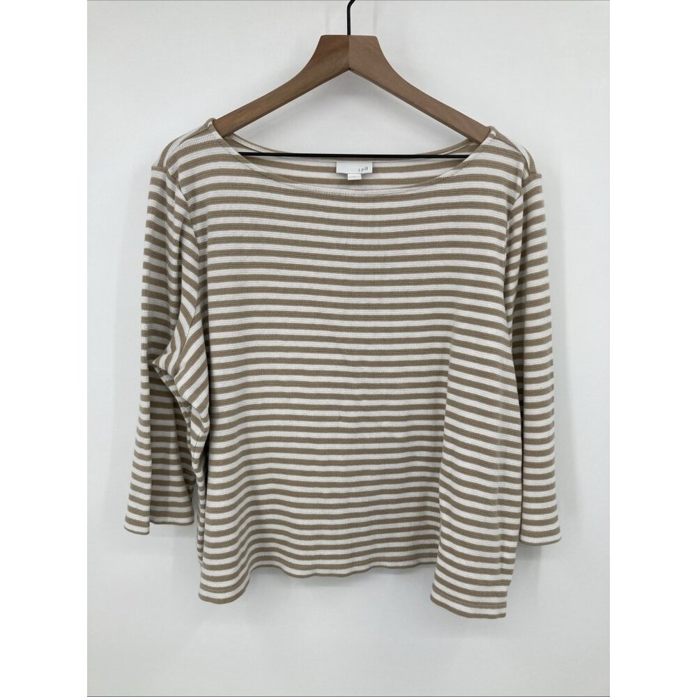 J Jill Relaxed Boat Neck Top Large Stripe White Tan Knit Cotton 3/4 Sleeve